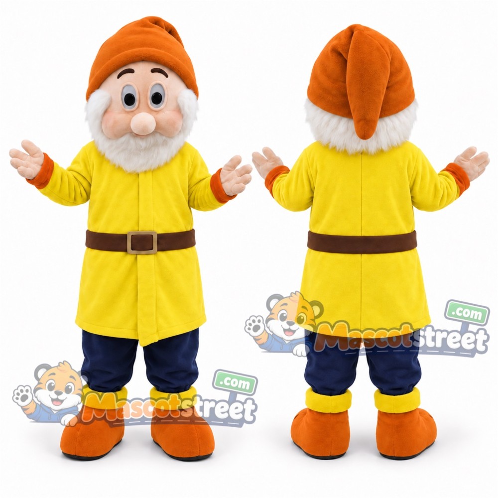 Bearded Dwarf Mascot Costume with Yellow Coat and Orange Hat Bearded Dwarf Mascot Costume with Yellow Coat and Orange Hat