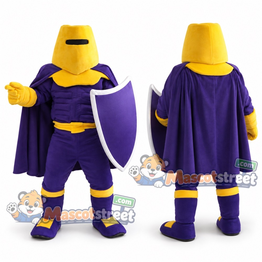 Knight Mascot Costume with Purple Outfit and Yellow Helmet