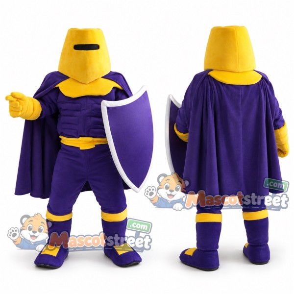Knight Mascot Costume with Purple Outfit and Yellow Helmet