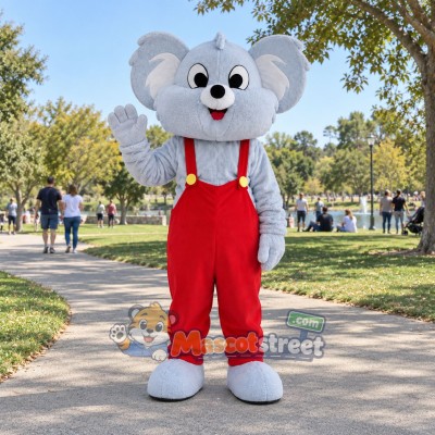 Gray Koala Mascot Costume with Red Overalls Gray Koala Mascot Costume with Red Overalls