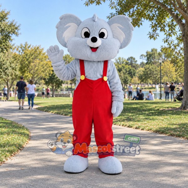 Gray Koala Mascot Costume with Red Overalls