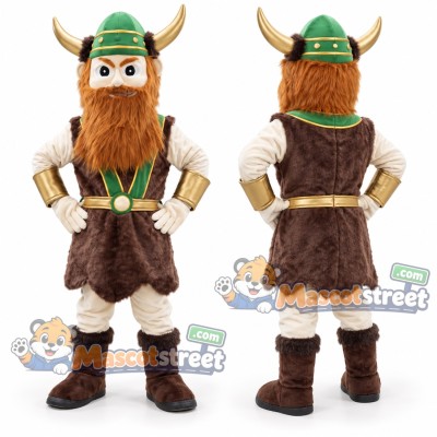 Viking Mascot Costume with Brown Tunic and Green Horned Helmet Viking Mascot Costume with Brown Tunic and Green Horned Helmet