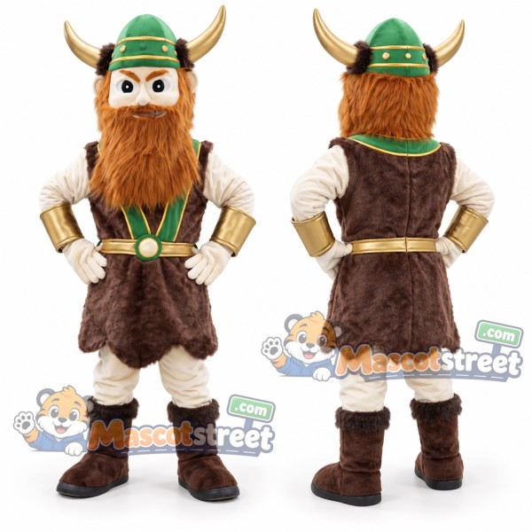 Viking Mascot Costume with Brown Tunic and Green Horned Helmet