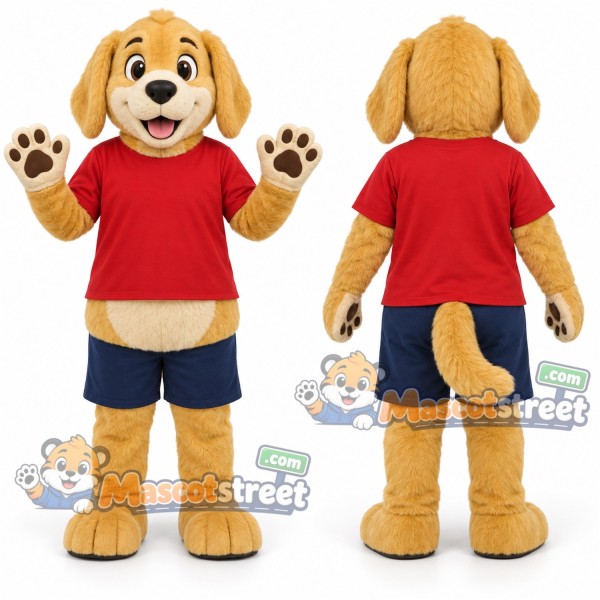 Yellow Dog Mascot Costume with Red Shirt and Navy Shorts