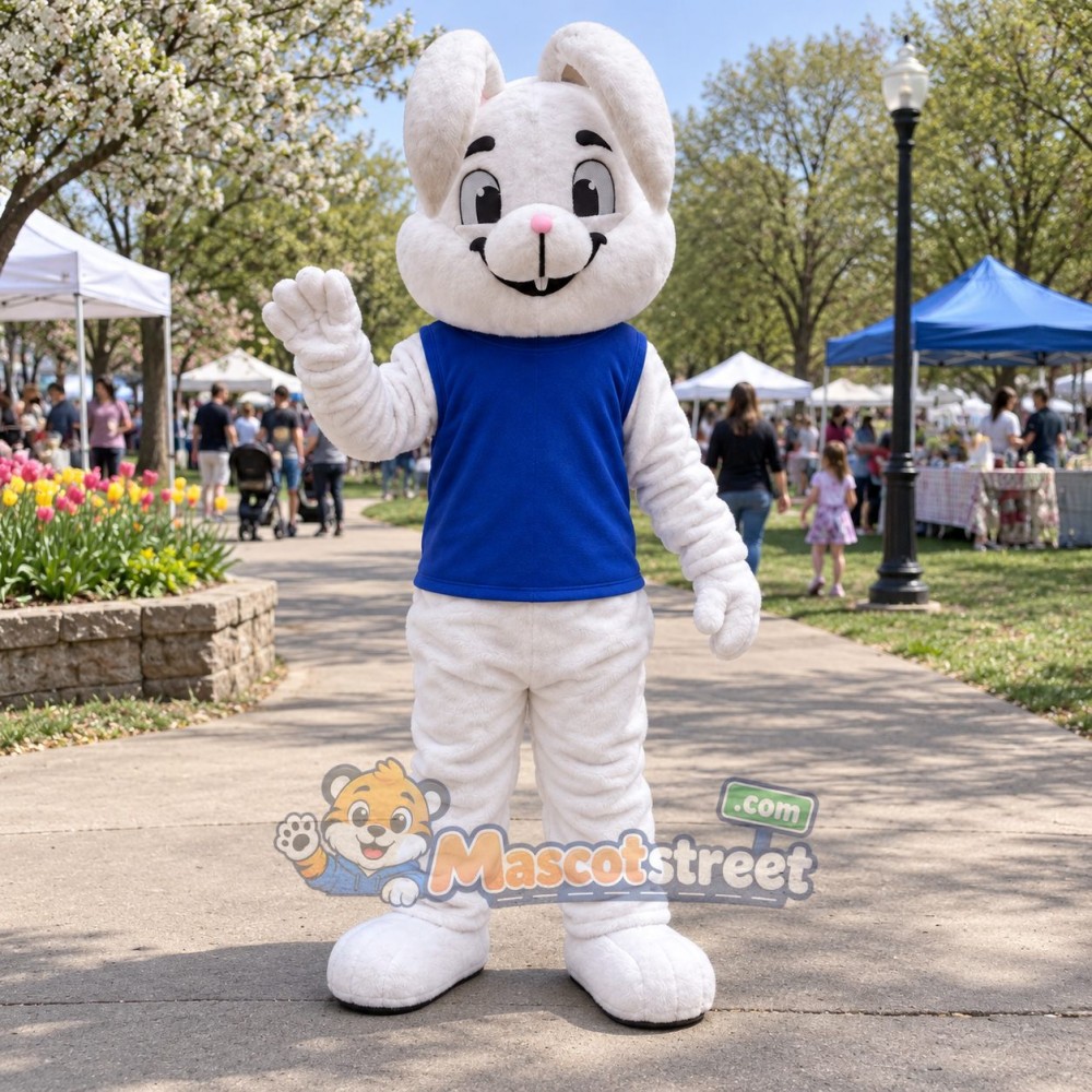 White Rabbit Mascot Costume with Blue Vest White Rabbit Mascot Costume with Blue Vest