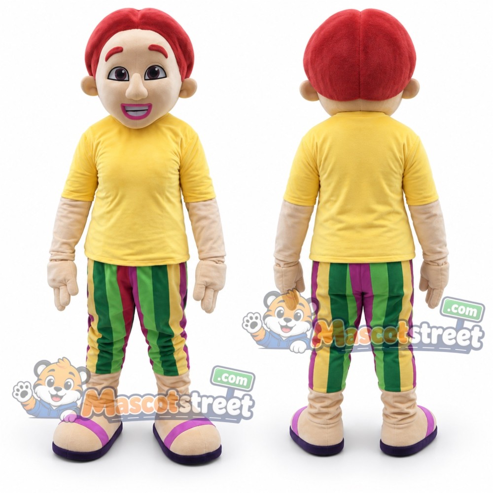 Woman Mascot Costume with Yellow Shirt and Striped Trousers