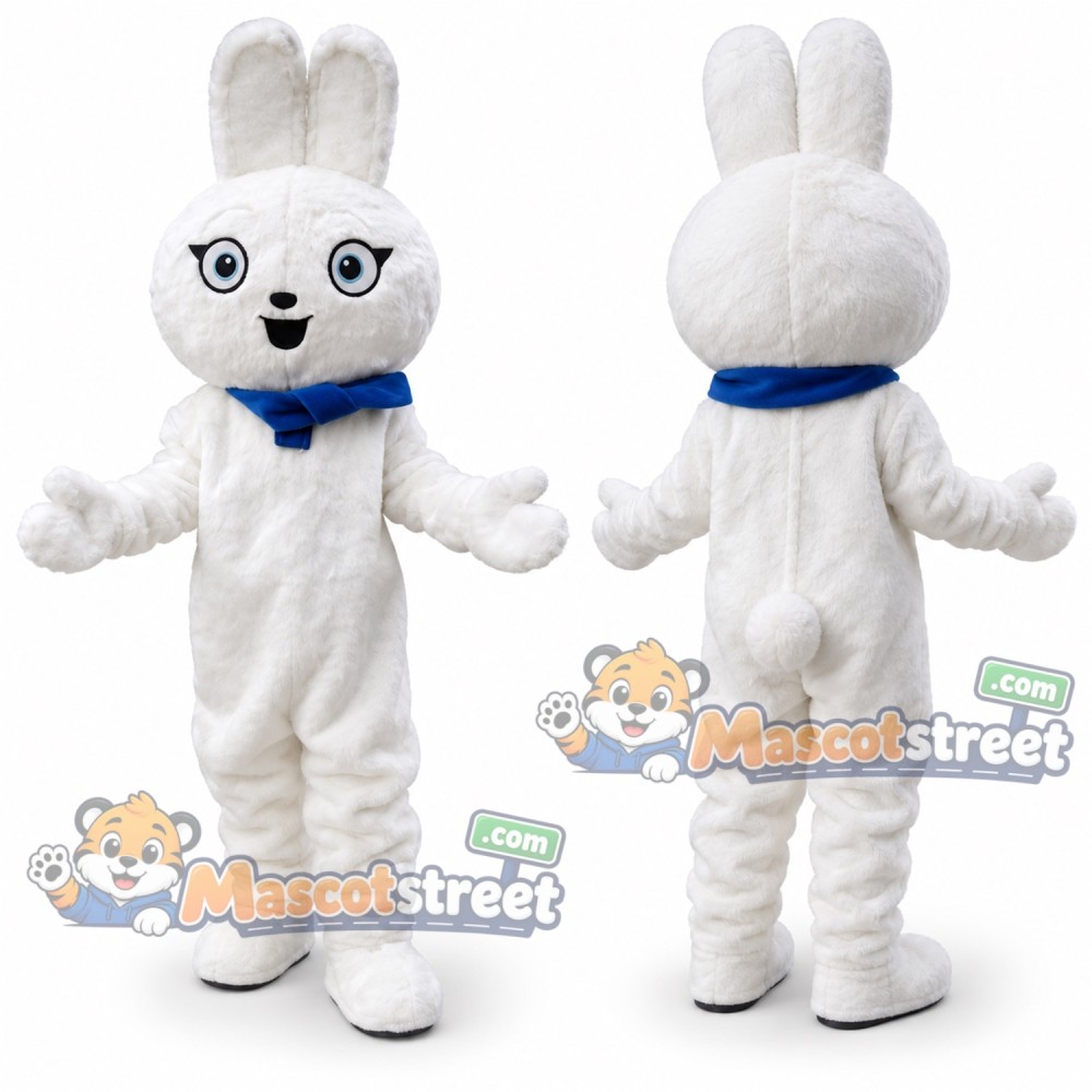 White Rabbit Mascot Costume with Blue Collar White Rabbit Mascot Costume with Blue Collar