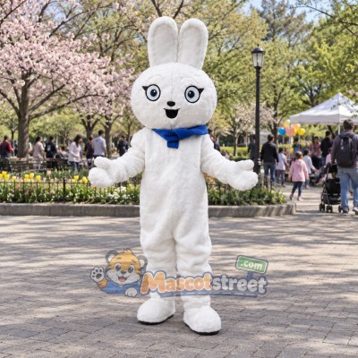White Rabbit Mascot Costume with Blue Collar