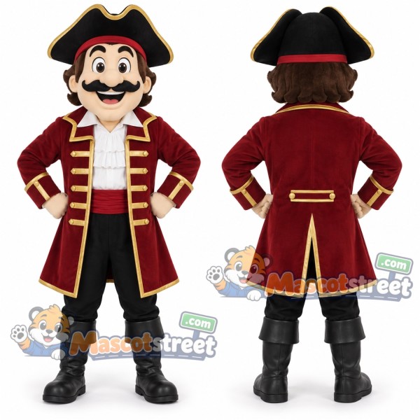 Pirate Mascot Costume with Burgundy Coat and Black Tricorn Hat