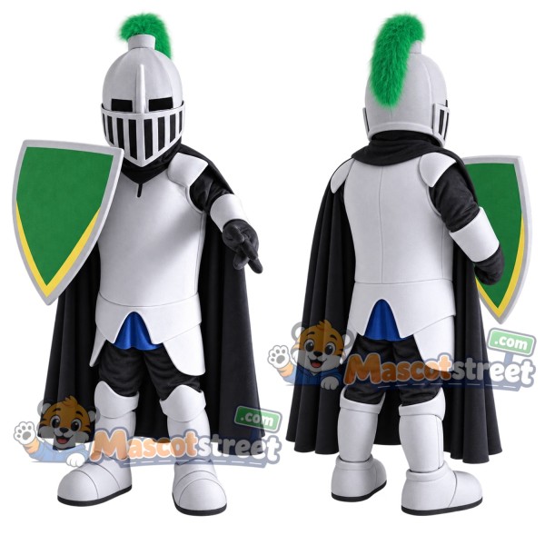 Knight Mascot Costume with Silver Armor, Black Cape and Green Plume