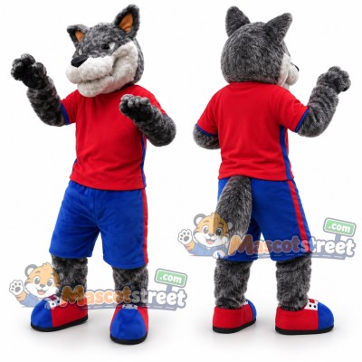 Gray Wolf Mascot Costume with Red Shirt and Blue Shorts Gray Wolf Mascot Costume with Red Shirt and Blue Shorts