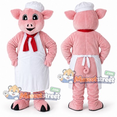 Pink Pig Mascot Costume with White Chef Apron and Hat Pink Pig Mascot Costume with White Chef Apron and Hat