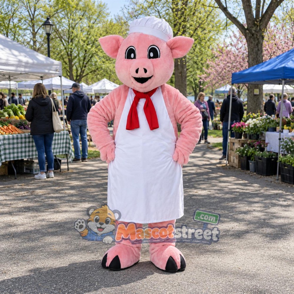 Pink Pig Mascot Costume with White Chef Apron and Hat