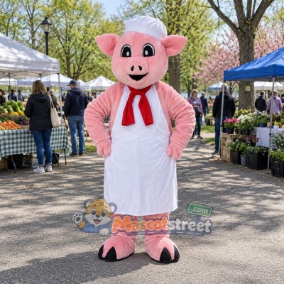 Pink Pig Mascot Costume with White Chef Apron and Hat