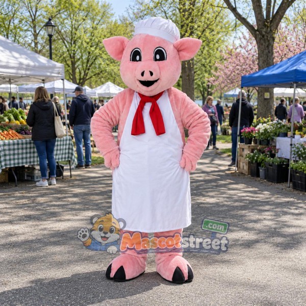 Pink Pig Mascot Costume with White Chef Apron and Hat