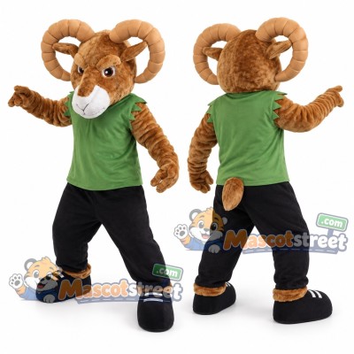 Brown Ram Mascot Costume with Green Shirt and Black Trousers