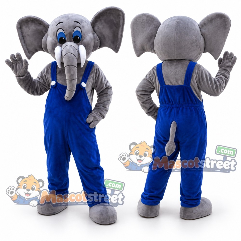 Gray Elephant Mascot Costume with Blue Overalls Gray Elephant Mascot Costume with Blue Overalls