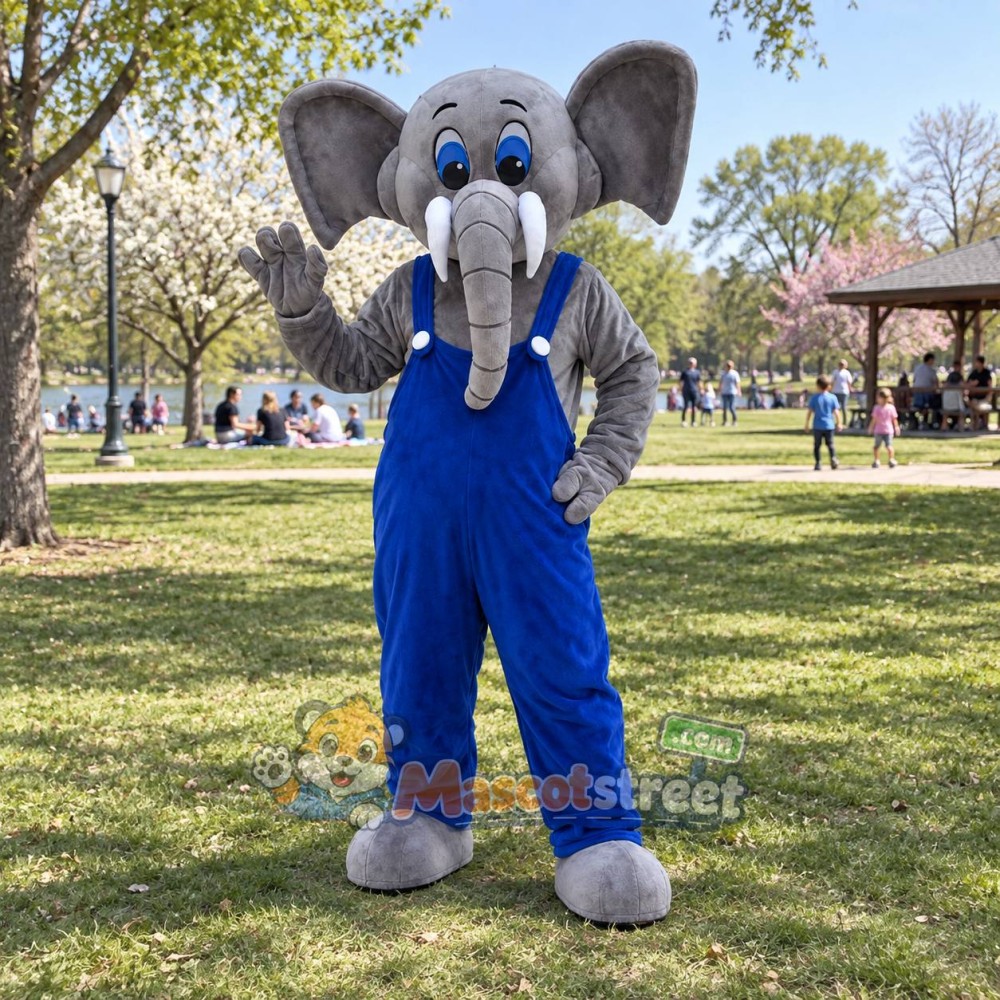 Gray Elephant Mascot Costume with Blue Overalls
