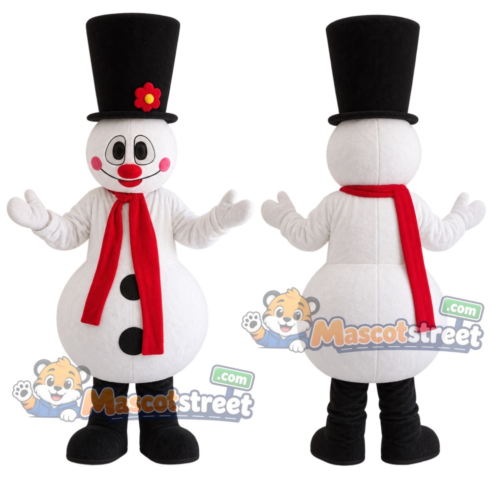 Snowman Mascot Costume with Black Hat and Red Scarf Snowman Mascot Costume with Black Hat and Red Scarf