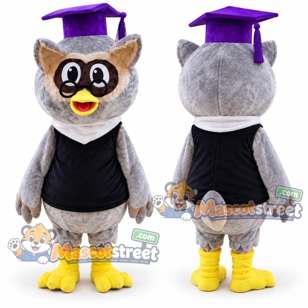 Gray Owl Mascot Costume with Black Vest, Glasses and Purple Graduation Cap Gray Owl Mascot Costume with Black Vest, Glasses and Purple Graduation Cap