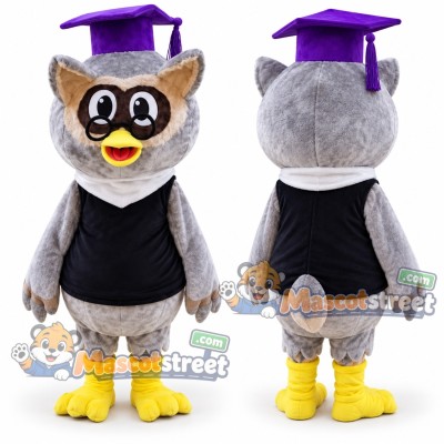 Gray Owl Mascot Costume with Black Vest, Glasses and Purple Graduation Cap Gray Owl Mascot Costume with Black Vest, Glasses and Purple Graduation Cap
