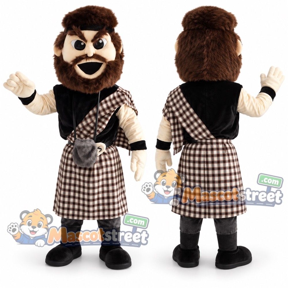 Highlander Mascot Costume with Plaid Kilt and Black Sash