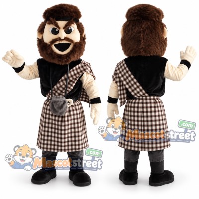 Highlander Mascot Costume with Plaid Kilt and Black Sash