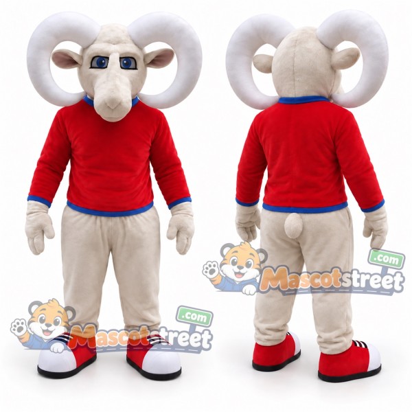 Gray Ram Mascot Costume with Red Sweater and Tan Trousers
