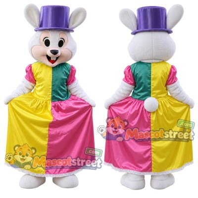 White Rabbit Mascot Costume with Multicolor Dress and Purple Top Hat