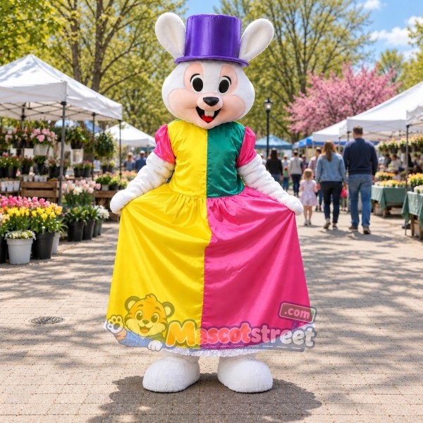 White Rabbit Mascot Costume with Multicolor Dress and Purple Top Hat