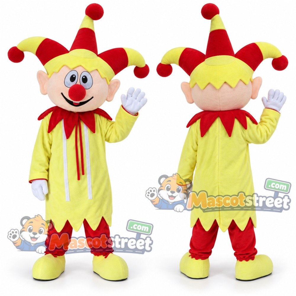 Jester Mascot Costume with Yellow Outfit and Red and Yellow Hat