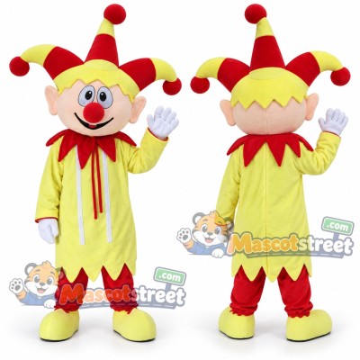 Jester Mascot Costume with Yellow Outfit and Red and Yellow Hat