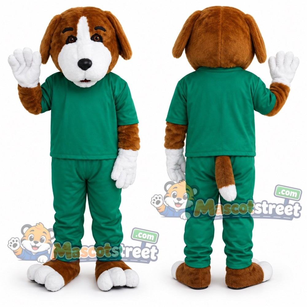 Brown and White Dog Mascot Costume with Green Scrubs