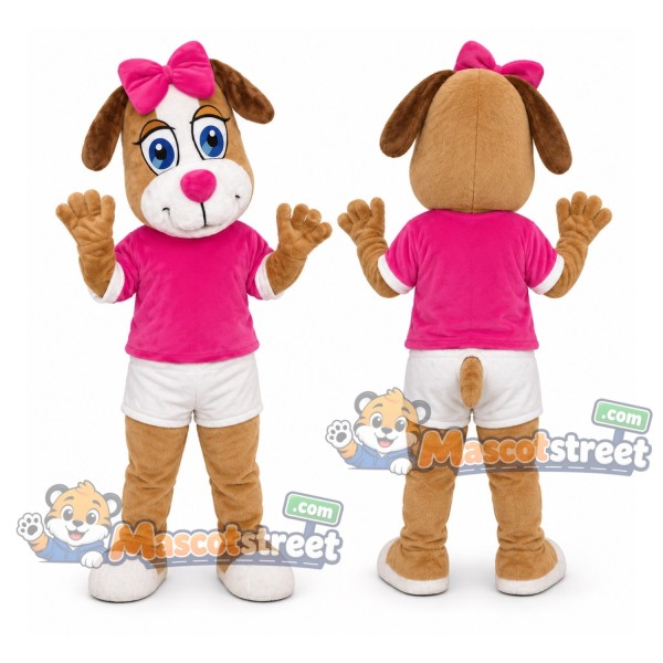 Brown Dog Mascot Costume with Pink Shirt, White Shorts and Pink Bow