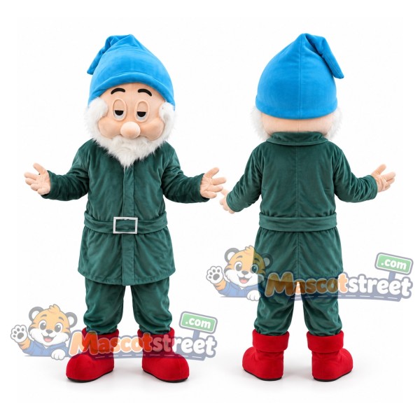 Bearded Dwarf Mascot Costume with Green Coat and Blue Hat