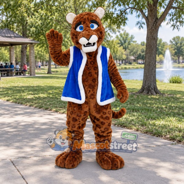 Spotted Leopard Mascot Costume with Blue Vest