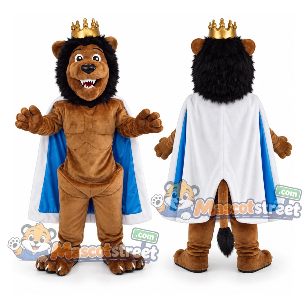 Brown Lion Mascot Costume with Blue and White Cape and Crown