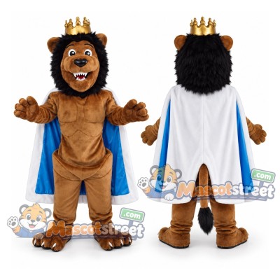 Brown Lion Mascot Costume with Blue and White Cape and Crown