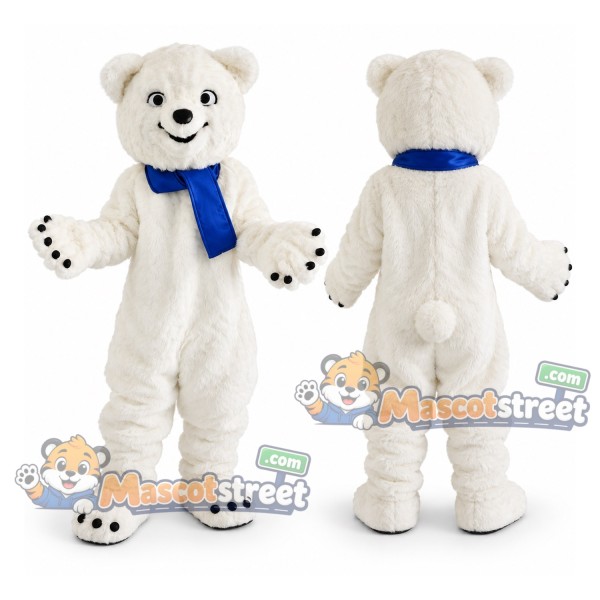 White Polar Bear Mascot Costume with Blue Scarf