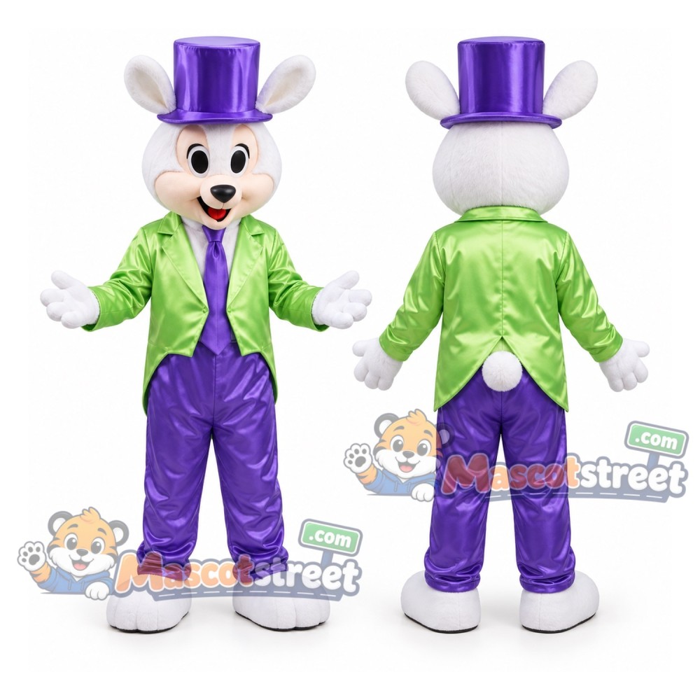 White Rabbit Mascot Costume with Green Shirt, Purple Trousers and Purple Top Hat White Rabbit Mascot Costume with Green Shirt, Purple Trousers and Purple Top Hat