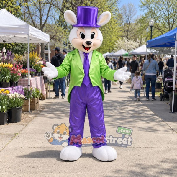 White Rabbit Mascot Costume with Green Shirt, Purple Trousers and Purple Top Hat