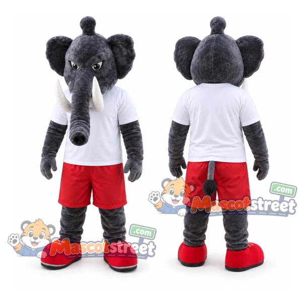 Gray Elephant Mascot Costume with White Shirt and Red Shorts