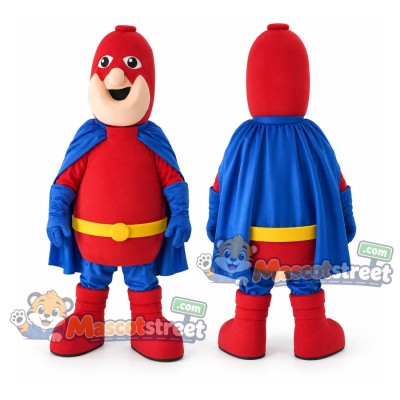 Superhero Mascot Costume with Red Suit and Blue Cape Superhero Mascot Costume with Red Suit and Blue Cape