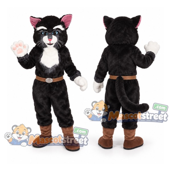 Black Cat Mascot Costume with Belt and Brown Boots