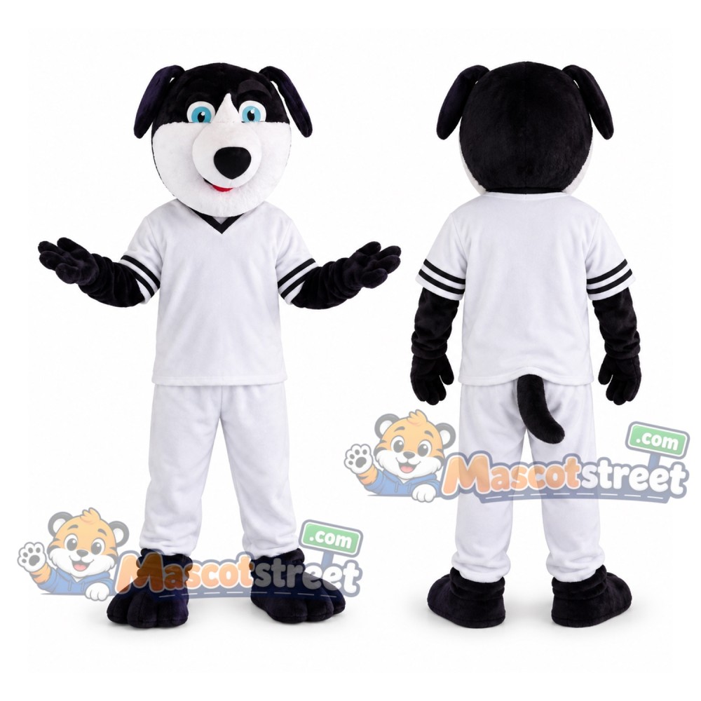 Black and White Dog Mascot Costume with White Sports Uniform