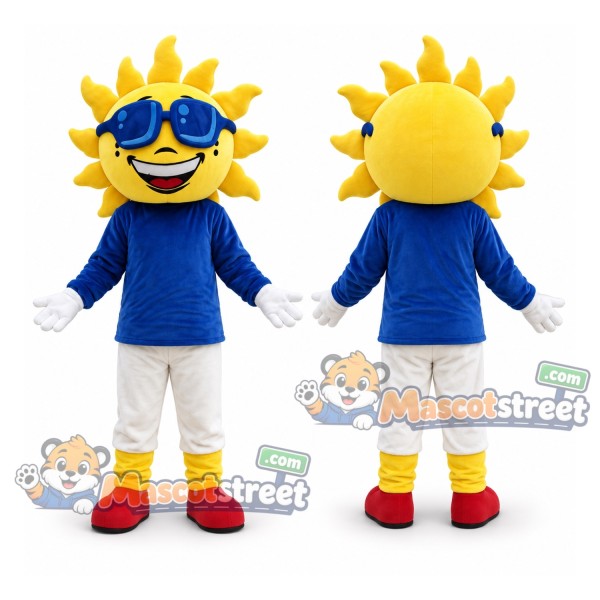 Sun Mascot Costume with Blue Shirt, White Trousers and Sunglasses
