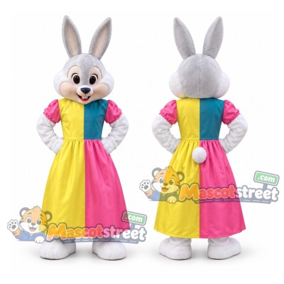 White Rabbit Mascot Costume with Pink and Yellow Dress