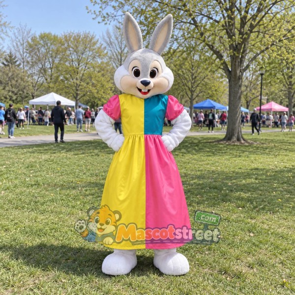 White Rabbit Mascot Costume with Pink and Yellow Dress