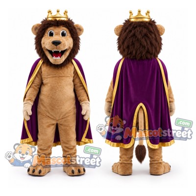 Brown Lion Mascot Costume with Purple Cape and Crown Brown Lion Mascot Costume with Purple Cape and Crown