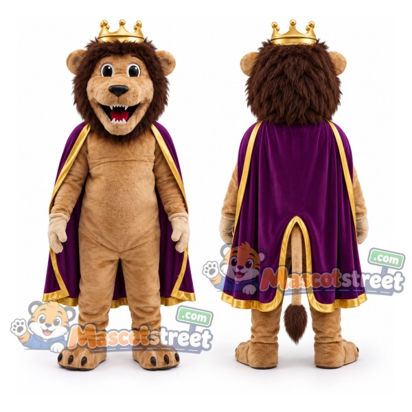 Brown Lion Mascot Costume with Purple Cape and Crown